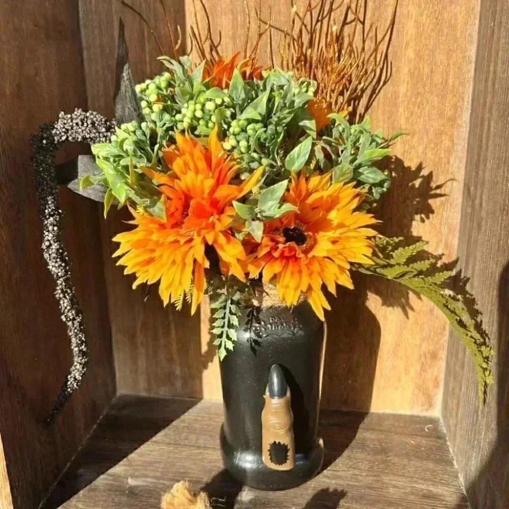 NEW Handcrafted fun WITCH faux floral arrangement.- perfect for Fall/Halloween!